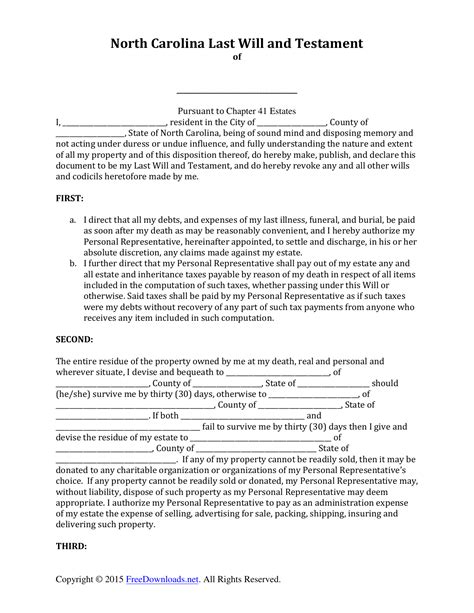 Free Printable Nc Last Will And Testament Form